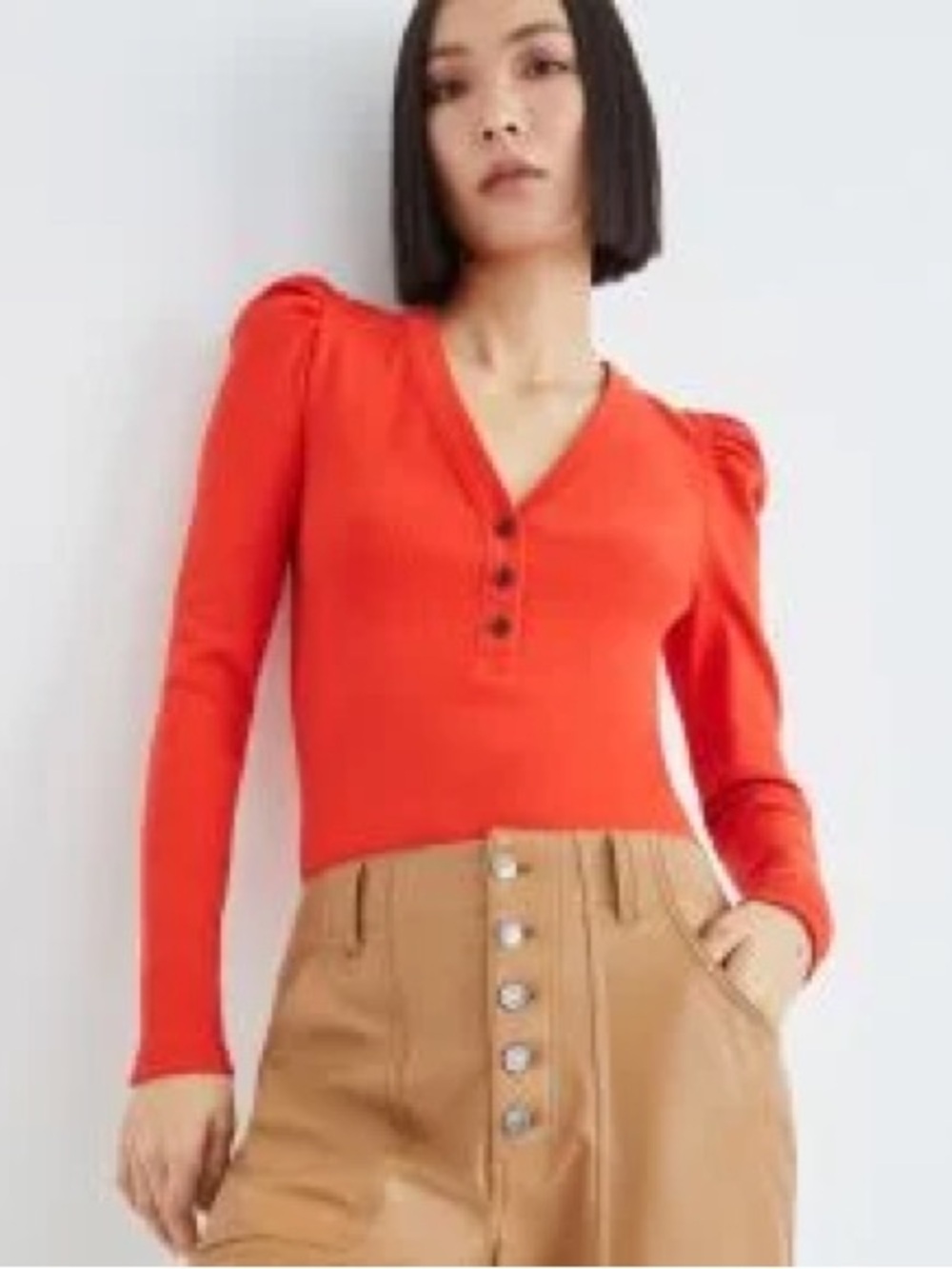 Veronica Beard Jeans DeKalb Puff Sleeve Rib Top Burnt Orange Size S